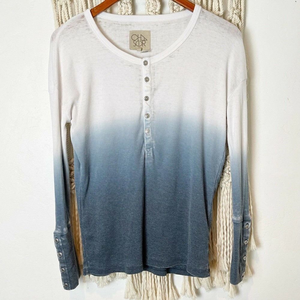 Chaser XS Thermal Shirt Blue White Ombré Cuff Details Lightweight 3/4 Button